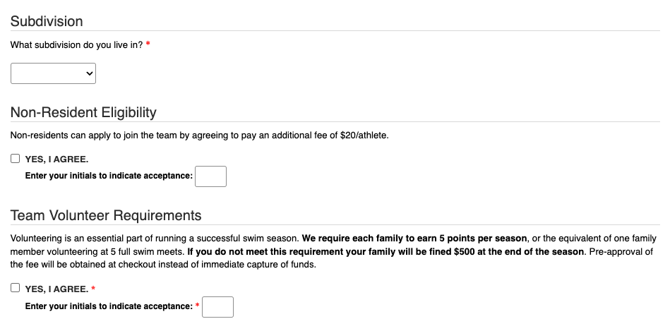 Updated custom registration questions screenshot for Online Swim Team Registration page