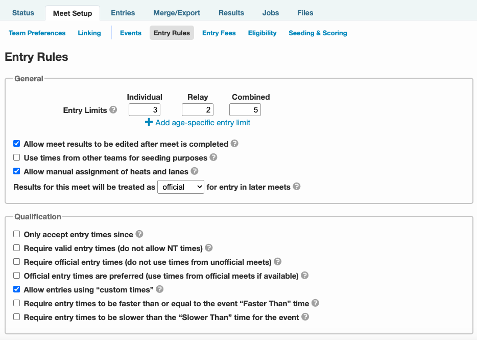 Entry rules screenshot for Meet Entries & Event RSVPs page