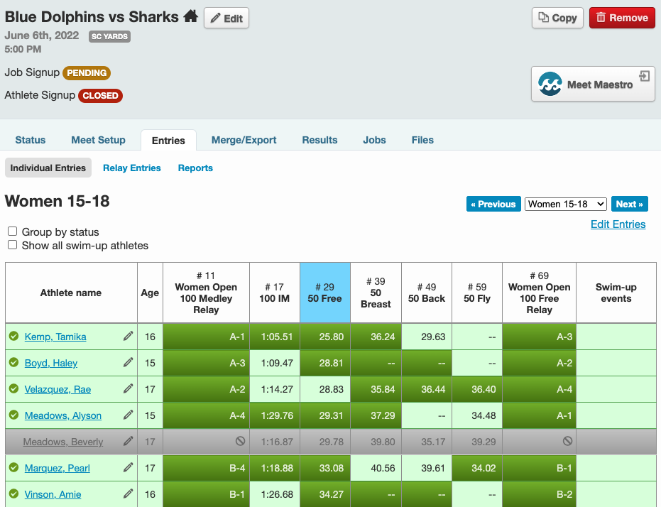 Updated Meet Entries Matrix screenshot for Meet Entries & Event RSVPs page
