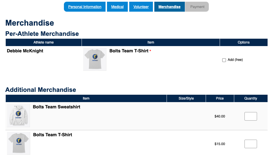 Updated merchandise in registration screenshot for Merchandise Sales page