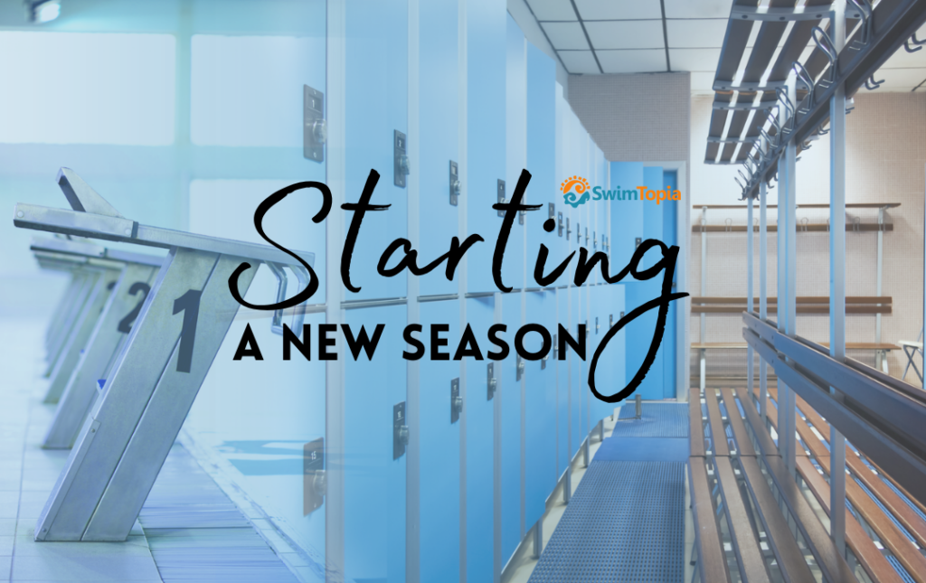 pool with starting blocks and a high school locker room for a new swim season